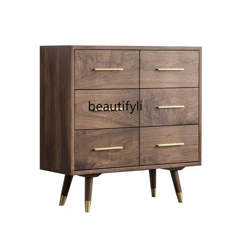 M182 Solid Wood Chest of Six Drawers Black Walnut Copper Leg Storage Cabinet Living Room Sideboard Cabinet