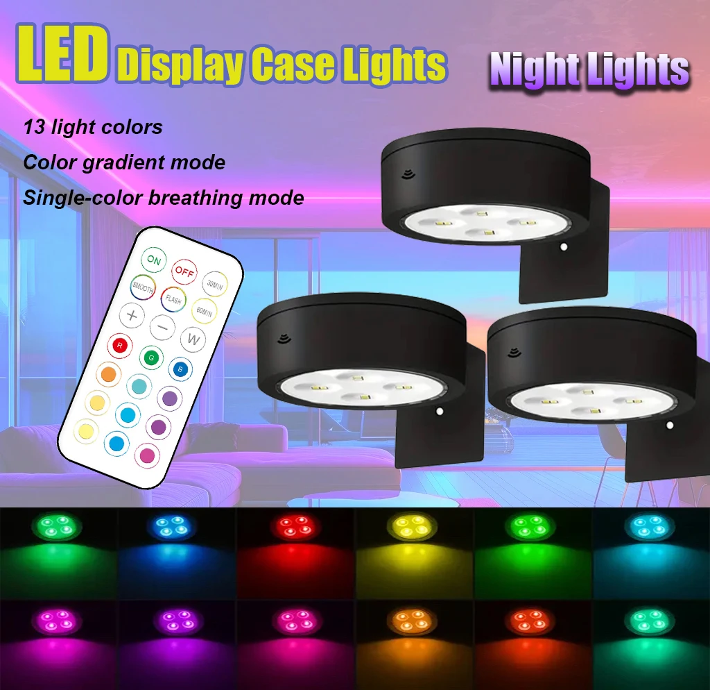 

13-Color Battery-Powered Dimmable LED Cabinet Light Wireless Under-Cabinet Light with Timer and Ambient Night Light