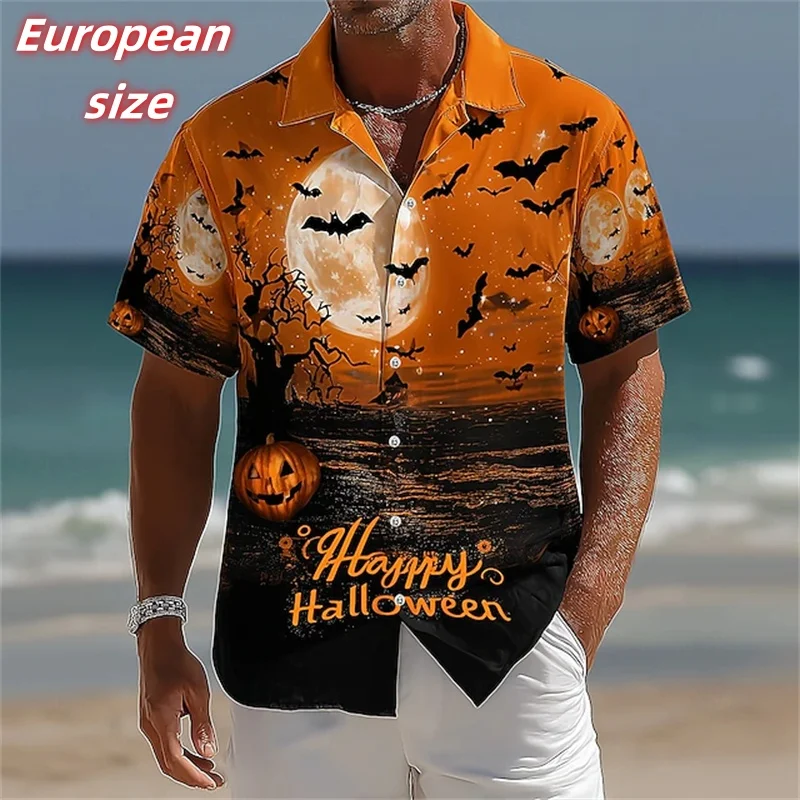 

Halloween Pumpkin Bat Pattern Hawaiian Shirt For Men Skeleton Flame 3D Print Aloha Shirts Summer Loose Tops Blouses Short Sleeve