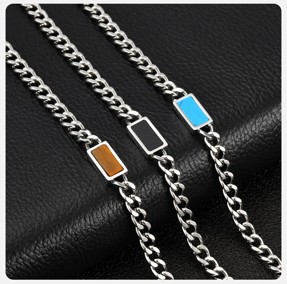 Vnox Herren Kubanische Gliederkette Armband, Edelstahl Verstellbare Kette mit Türkis/Tigerauge/Schwarzem Acryl, Vatertags-Geschenk – Detail 5