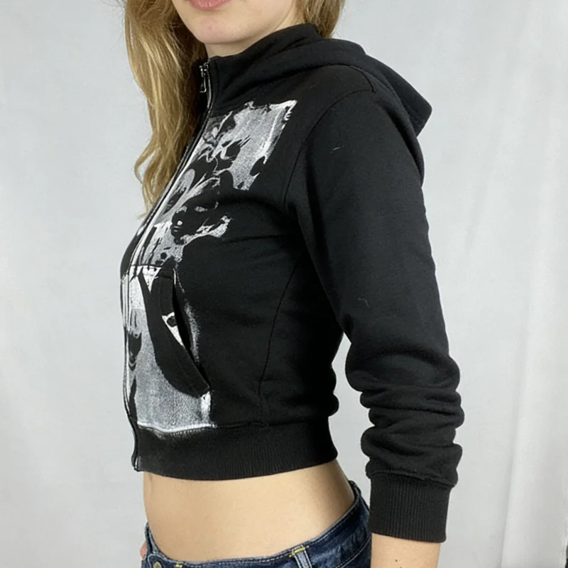 

Y2K Harajuku Women Sportswear 2026 Autumn Winter Zipper Portrait Print Hooded Short Casual Sweat Jacket