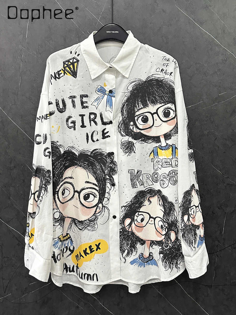 

2025 Summer New Cartoon Hot Diamond Printing Little Girl Long-sleeved Shirt Women's Loose Casual Medium Length Shirt Tide Tops