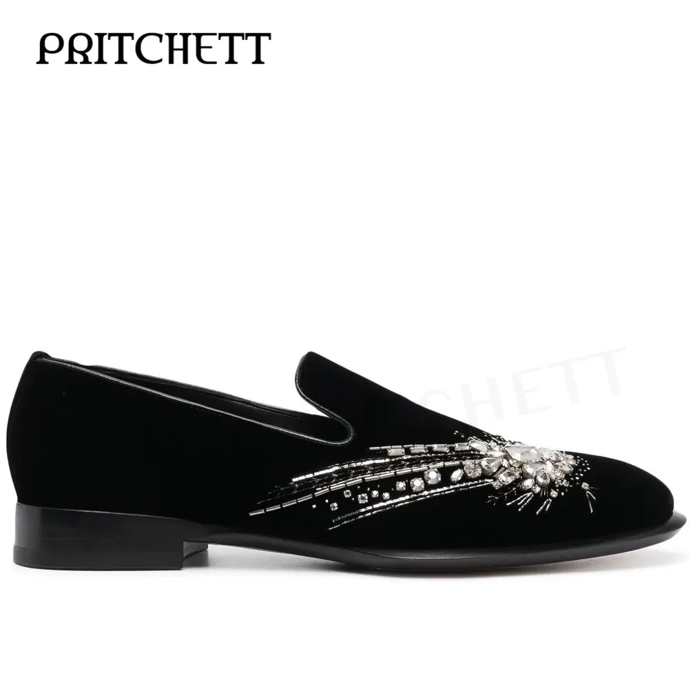 

Men's Crystal Embellished Leather Loafers Black Suede Low Cut Square Root Slip-On Leather Loafers Elegant Formal Business Shoes