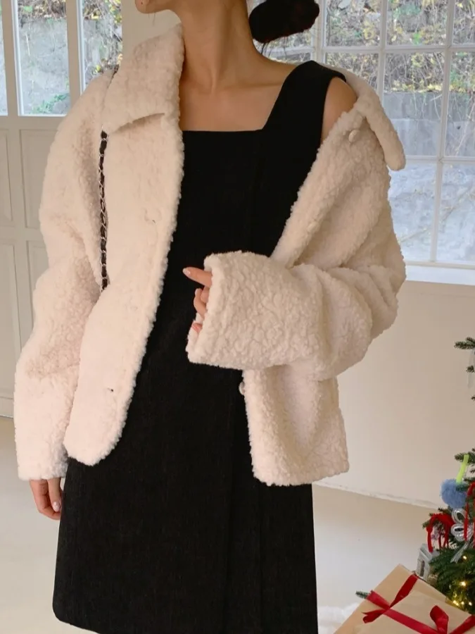 Coreano sle inverno faion anti-envelhecimento lapela único botão pele de cordeiro ort jaet feminino topo fibra de poliéster casual wear