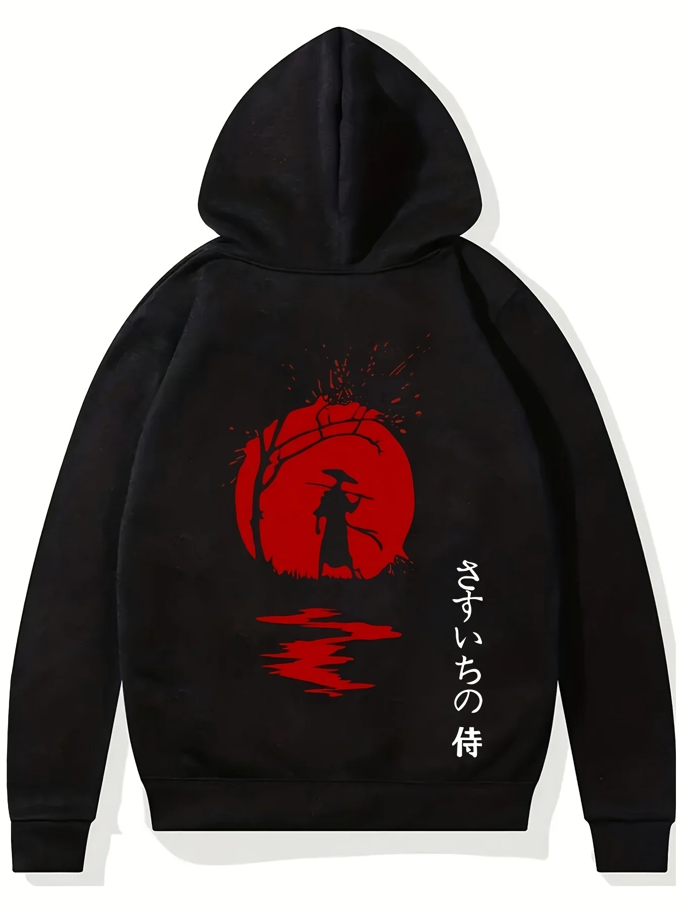 Men Hip Hop Sports Japanese Samurai Hoodie Red Sunset Warrior Graphic Hooded Sweatshirt Streetwear Loose Casual Pullover