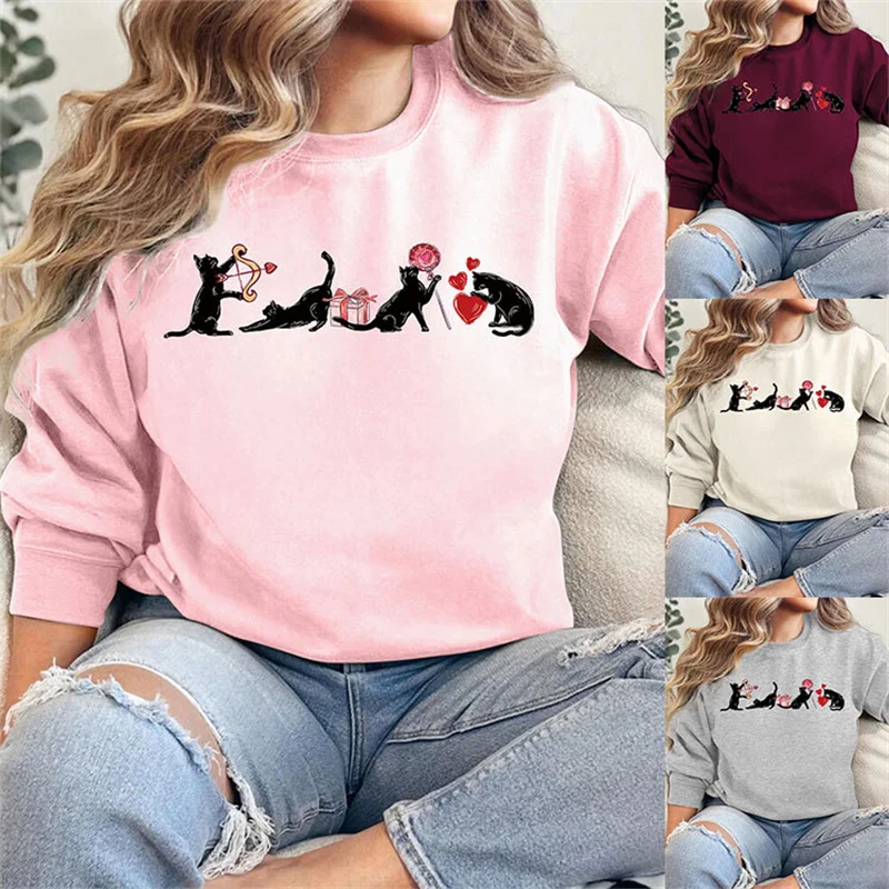 

New autumn and winter women's warm and thick love four black cat print trend long-sleeved round neck fleece hoodie