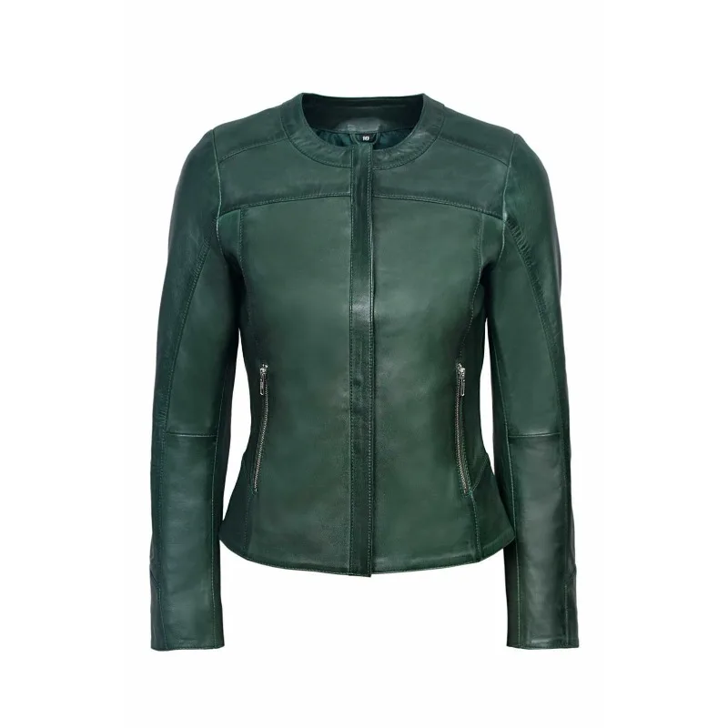 Classic Women's Genuine Lambskin 100% Leather Jacket Biker Slim Fit Green Zip Up