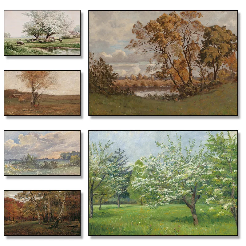 Fall Farmhouse Vintage Spring Landscape Vintage Poster Print Wall Art Pictures Canvas Painting Living Room Bedroom Home Decor