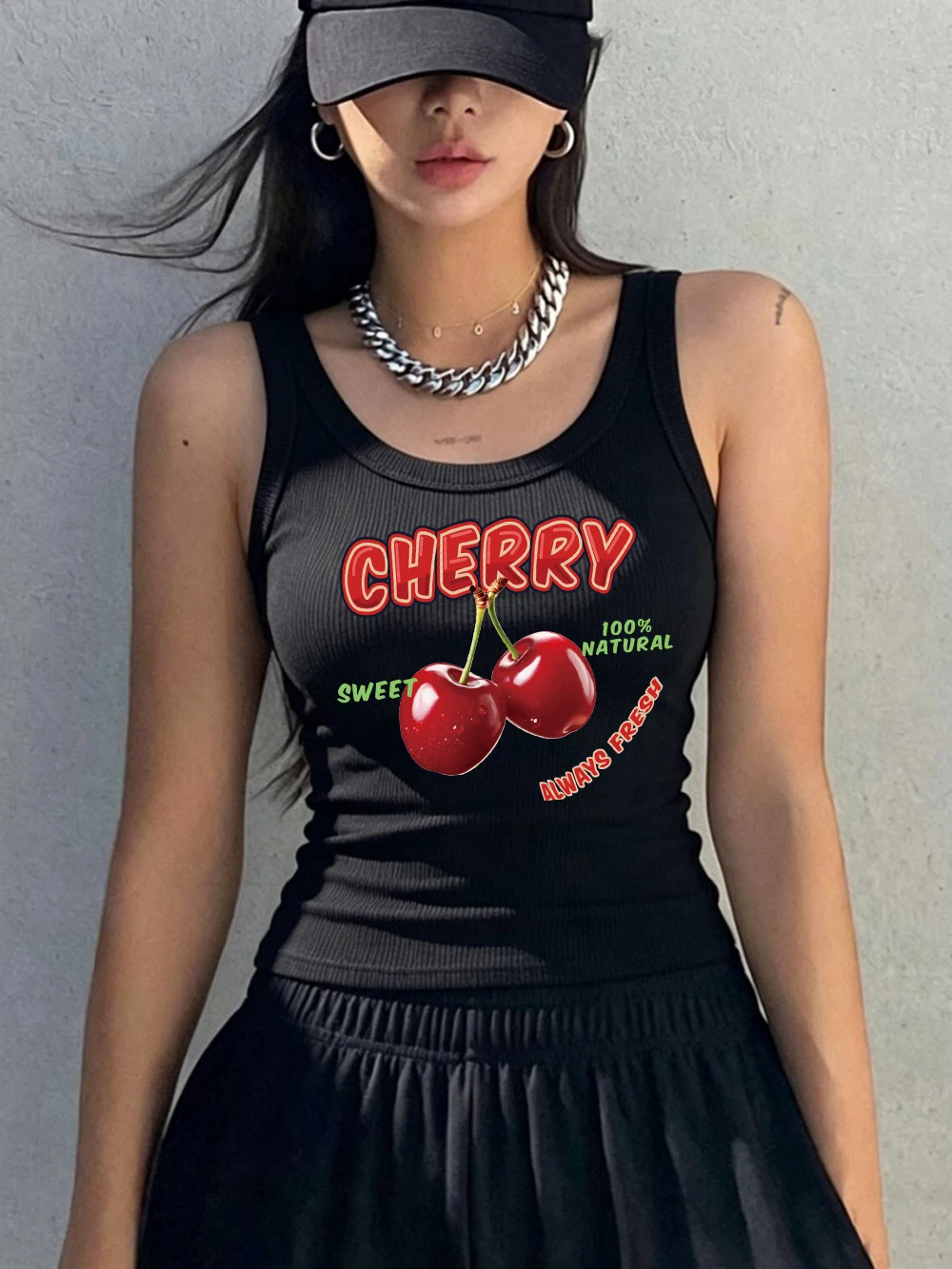 Cherry Sweet 100% Natural Printing Singlet Sporty Women Ribbed Knit Vest Soft Slim Cotton Tank Tops Summer O-Neck Sleeveless
