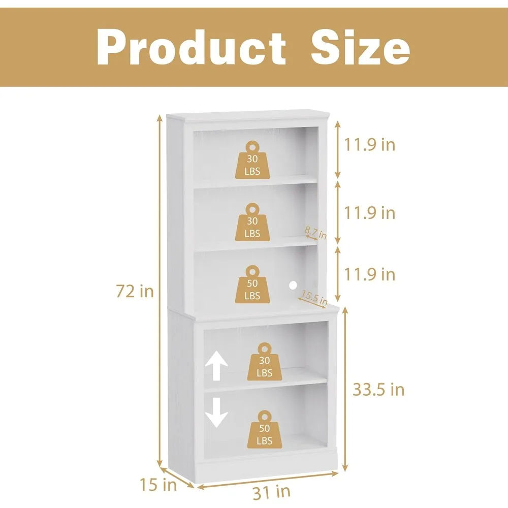 Multi-Depth White Bookcase 5 Shelf Wooden Bookshelf, 33in Bookcases with Open Shelf Storage