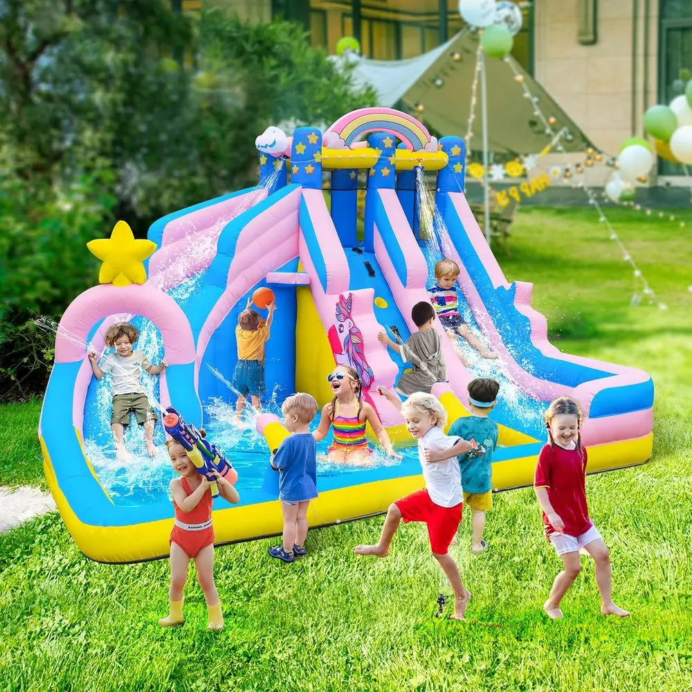 منزلق مائي Iatable: 6 في 1 Bounce House Water Park للأطفال - حوض سباحة للتسلق على الحائط 2 مدفع مائي 2 حافة كرة السلة -