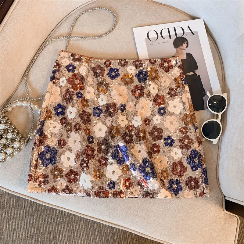 

Silver sequined flower skirt, foreign high-end high-waisted and thin, anti-light spring and summer short skirt