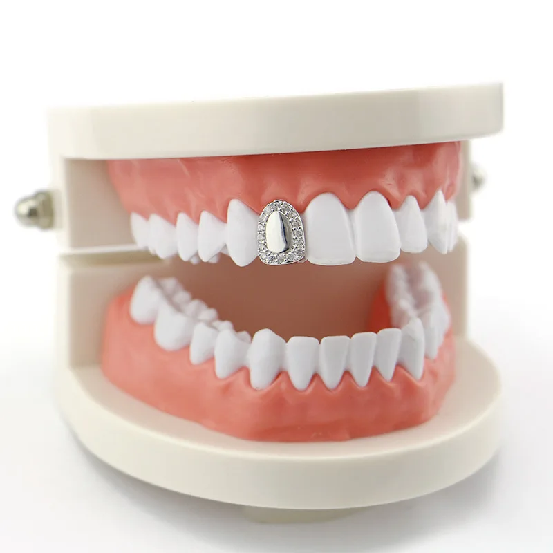 European and American micro inlaid zircon hip-hop braces with exaggerated personality, single denture gold teeth accessories