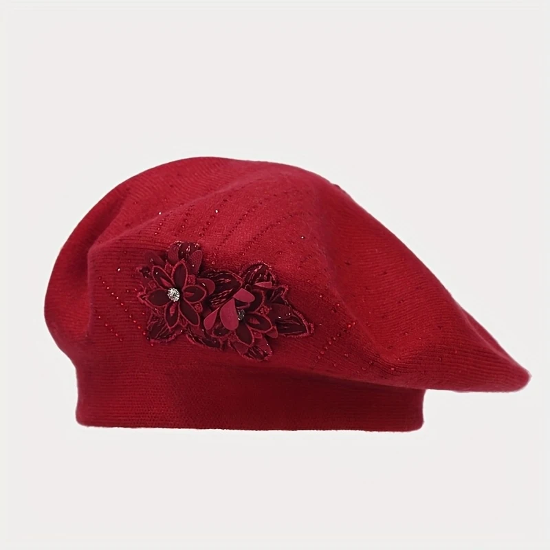 Teens' Acrylic Beret Hat with Floral Rhinestone Embellishment Autumn Winter Fashion Soft Knit Cap Gender Reveal Parties