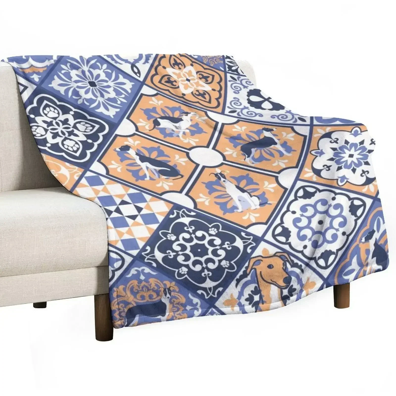 Greyhound Portuguese tile pattern Throw Blanket Plaid on the sofa Thin Heavy warm for winter halloween Nap Blankets