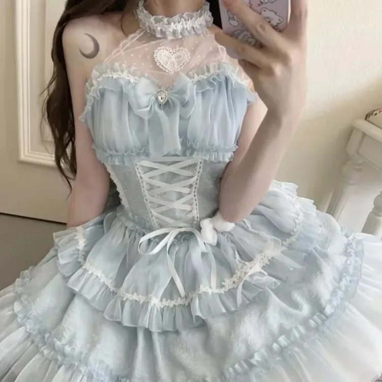 

2025 Japanese Gothic Lolita Princess Women Kawaii Lace Ruffles Bow Bandage Slim Party Girls Y2k Elegant Cute Mini Dress