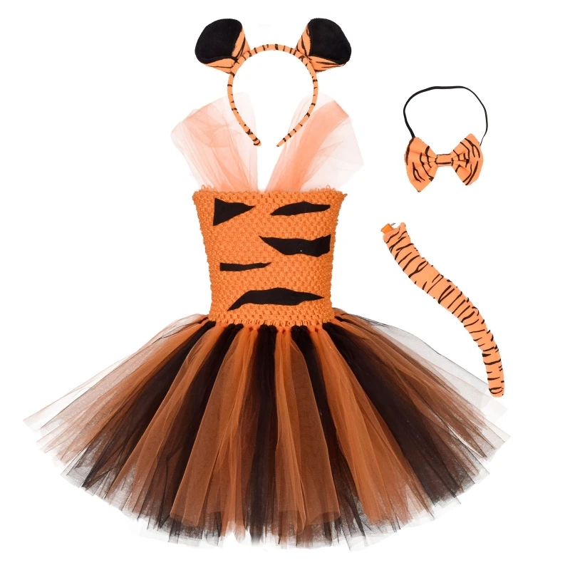 4Pieces Tiger Costume Set Tiger Ears Headband Tail Tutu Skirt Bow for Kid Halloween Christmas Animal Cosplay Accessories