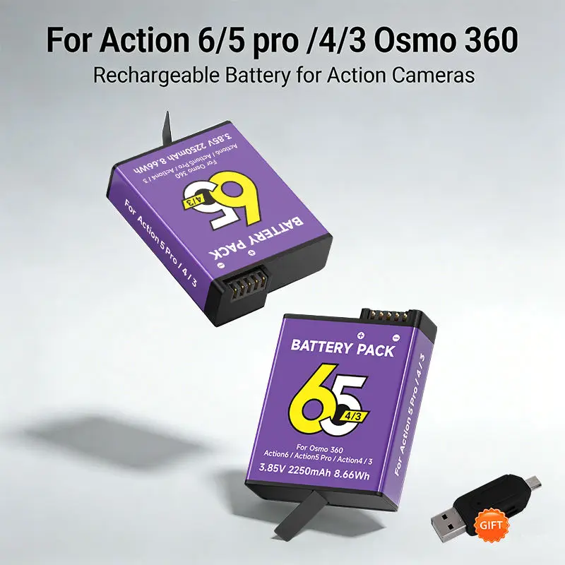 PALO 2250mAh For DJI Osmo Action 6 Action 5 Pro Camera Battery For DJI Osmo Action 4 Action 3 Osmo 360 Sports Camera Accessories