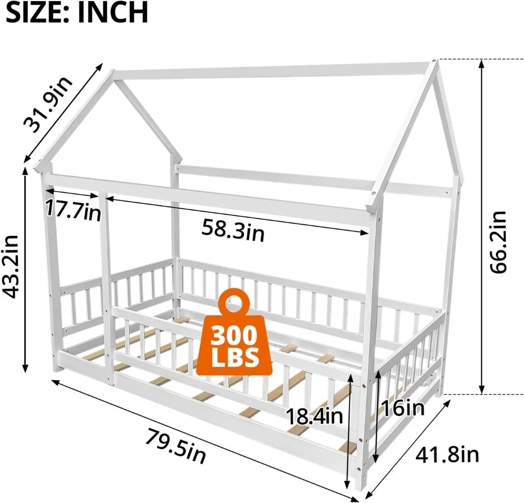 LLS Twin Montessori Floor Bed, Wooden Floor Bed Frame with Slats and Fence, House Bed for Boys Girls Bedroom