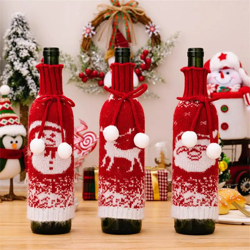 Christmas Knitted Wine Bottle Cover Pompom Bow Decor Santa Costume Snowflake Pattern Wine Bottle Bag Xmas Dinner Table Decor