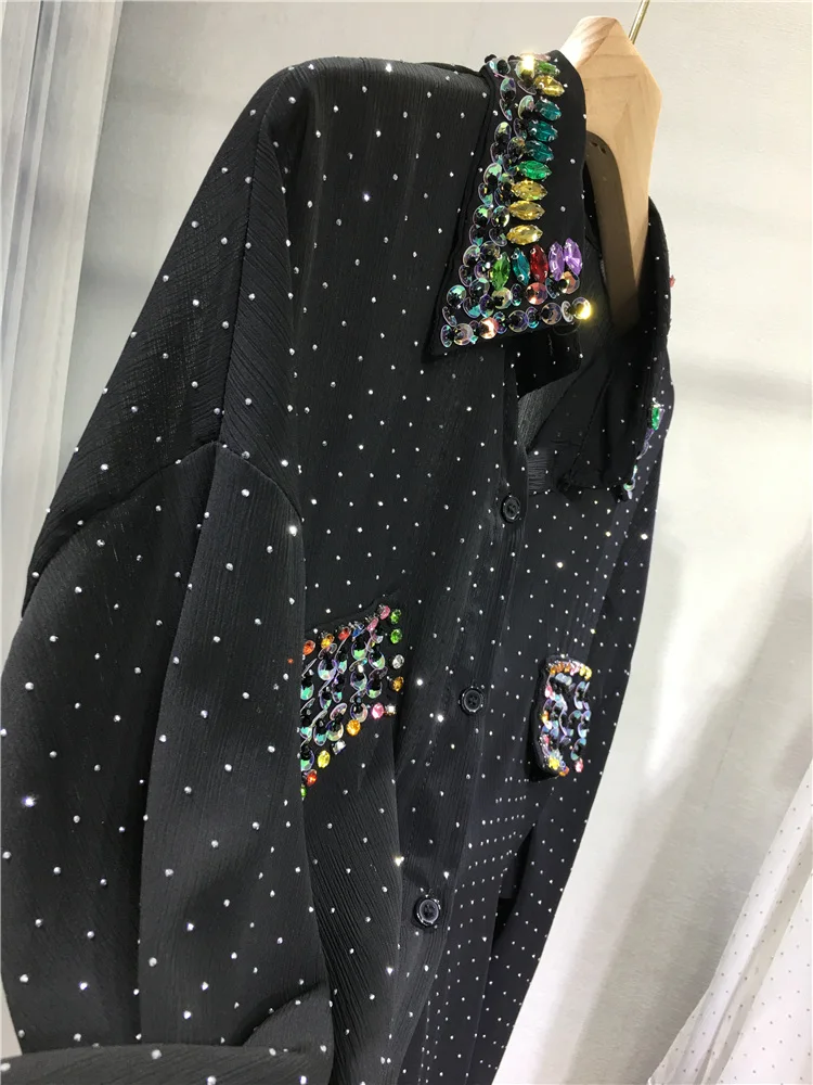 Black and white hot diamond shirt women's light summer sunscreen shirt silk nail beads chiffon blouse