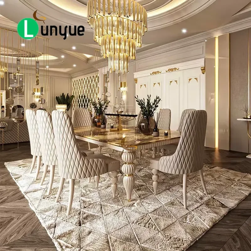 Italian Royal Nordic Style Solid Wood Frame Modern Luxury Rectangular Marble Top Dining Table Set For Living Room Home Decor
