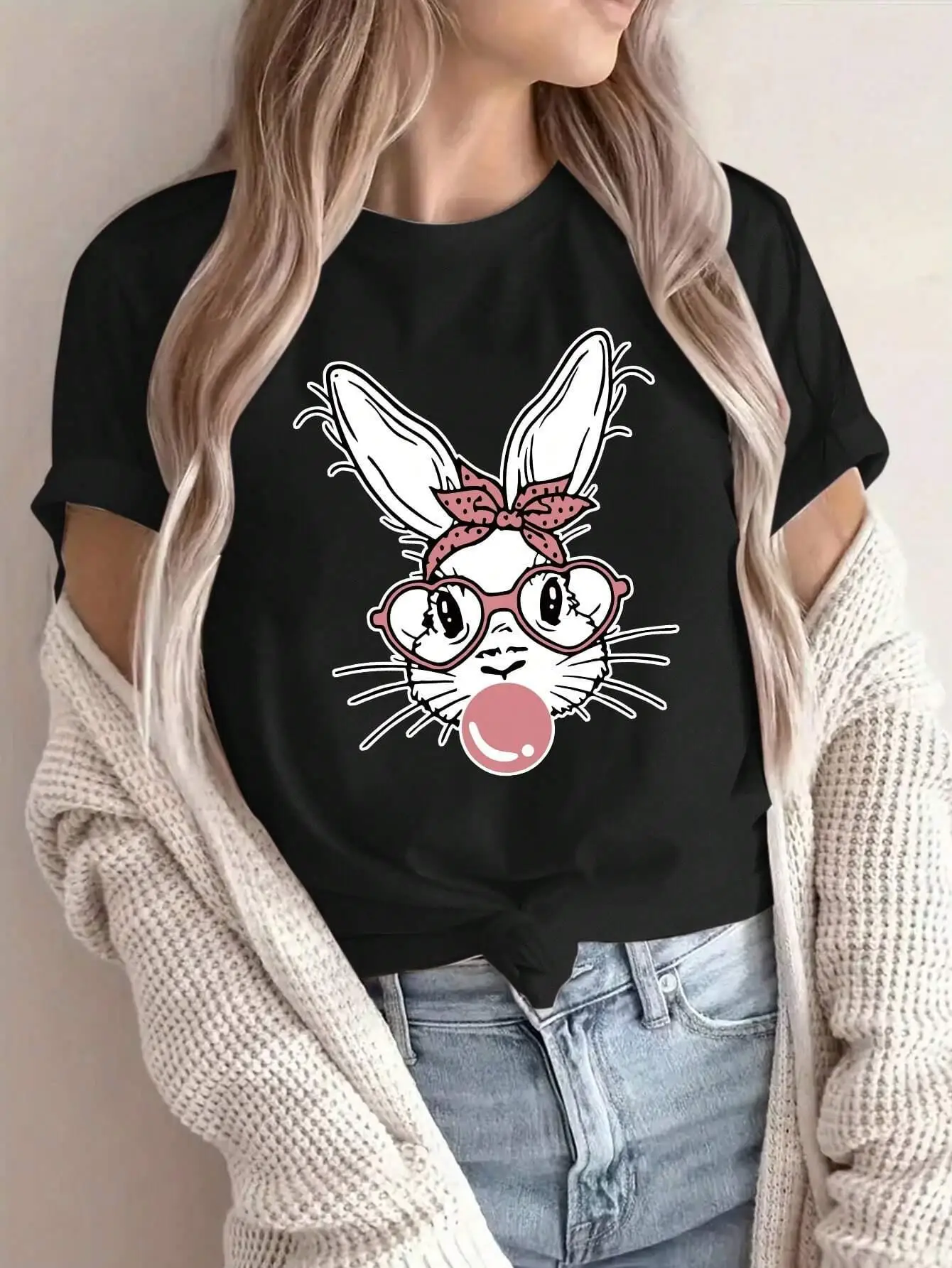 Fashion Pink Rabbit Blowing Bubble Women T Shirt Cotton Casual Short Sleeve Oversized Soft Top Street Oversize Tshirt Female