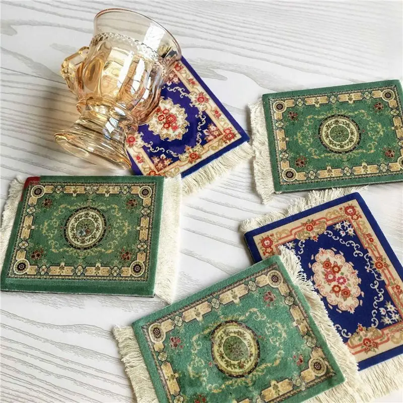 ABRU-8X Mini Persian Woven Coasters Carpet Pattern Coaster Dining Table Decoration Technology.Blue-Green