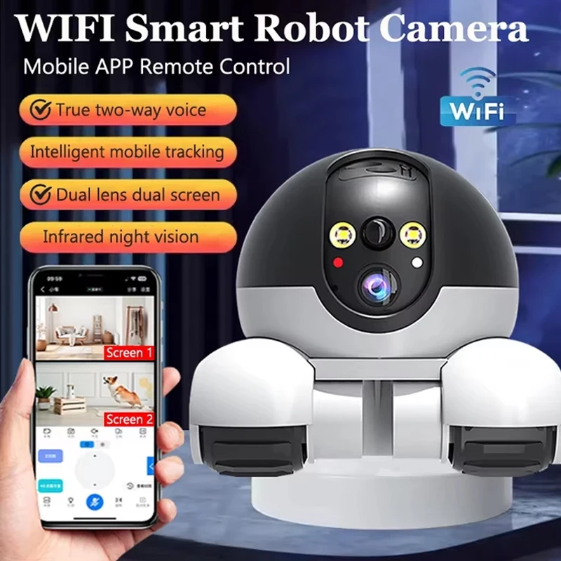 128GB WIFI Robot Camera Dual Lens Dual Screen PTZ  Surveillance IP Camera 1080P Auto Tracking Night Vision Baby Dog Pets Monitor
