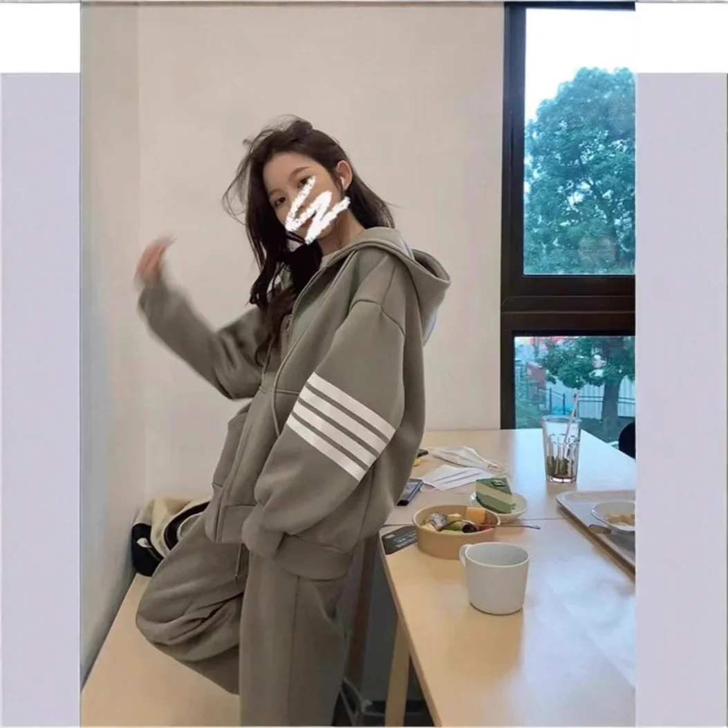 طقم ملابس رياضية رفيعة من مزيج القطن للسيدات مع قلنسوة وسروال واسع الساق مكون من قطعتين كاجوال على الطراز الكوري سترة مفتوحة #3