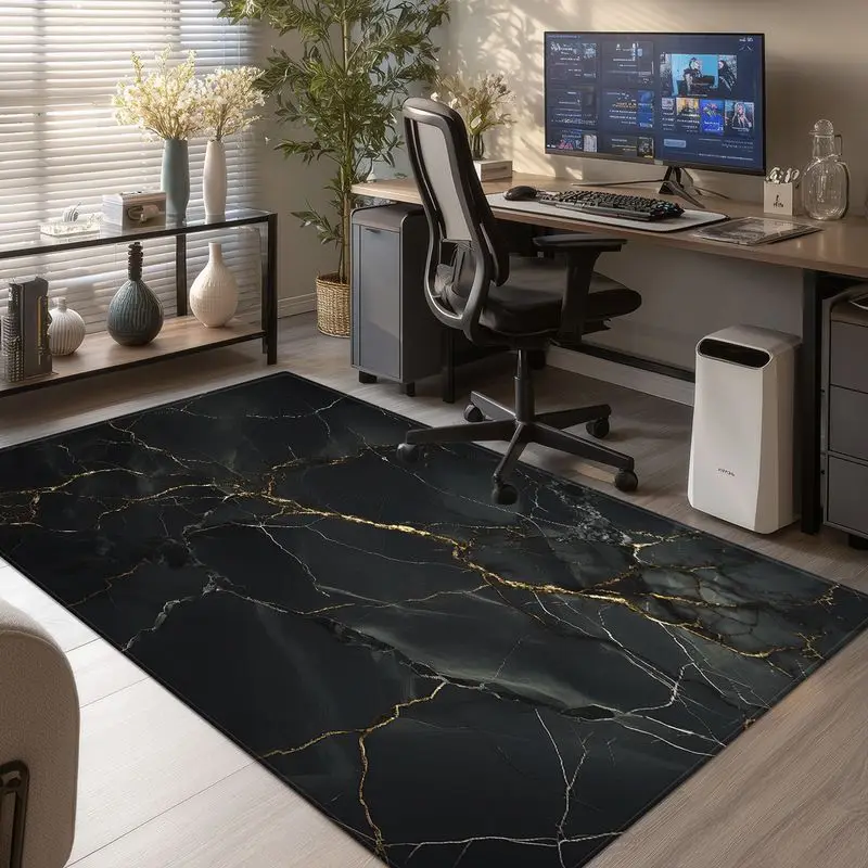 VIKAMA Black Gold Marble Pattern Rug Non Slip Office Computer Chair Mat Living Room Bedroom Floor Mat Decor