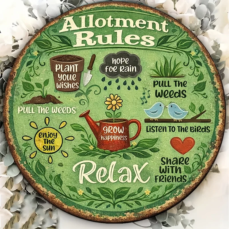 2D Flat, 1pc Vintage Round Wall Sign Suitable for Garden & Farm Decoration - Allotment Rules Plaque with English Text, / Decorat
