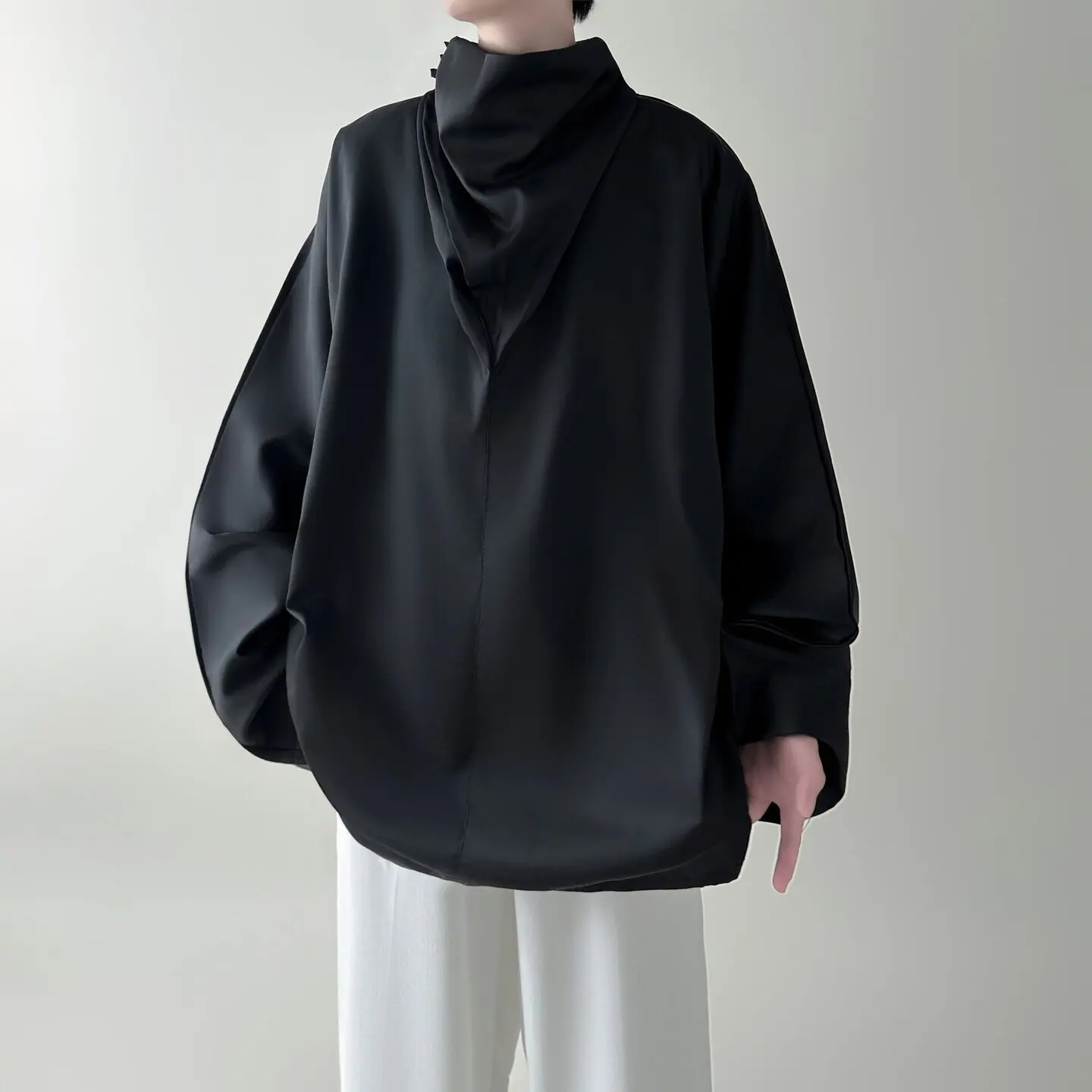Spring Unisex Long Sleeve Shrit 2026 Elegant Solid White Top Asymmetrical Mock Neck Silky Draped Slouchy Long Sleeve T Shirt