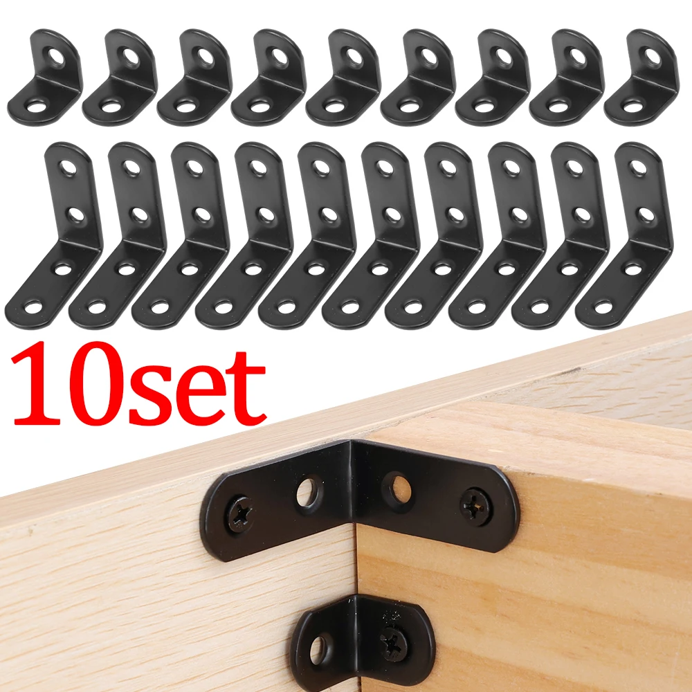 10Set L-shaped Right Angle Bracket with Screws Black Metal Corner Braces Brackets Space Saving Decorative Joint Angle Bracket