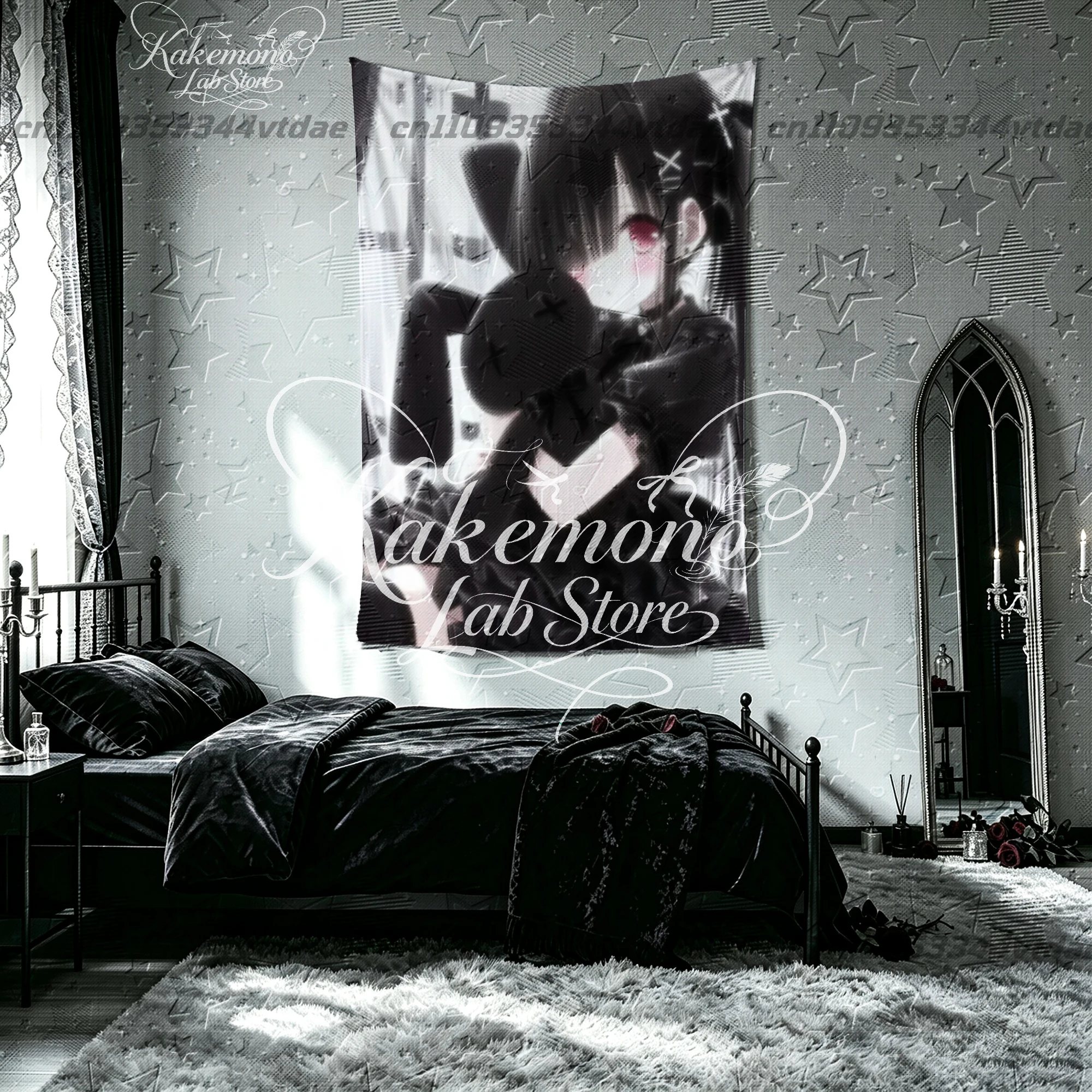 Gothic Lolita Anime Girl Tapestry Vertical Dark Doll Bunny Cross Bow Manga Wall Hanging Teens Bedroom Dorm Background Cloth