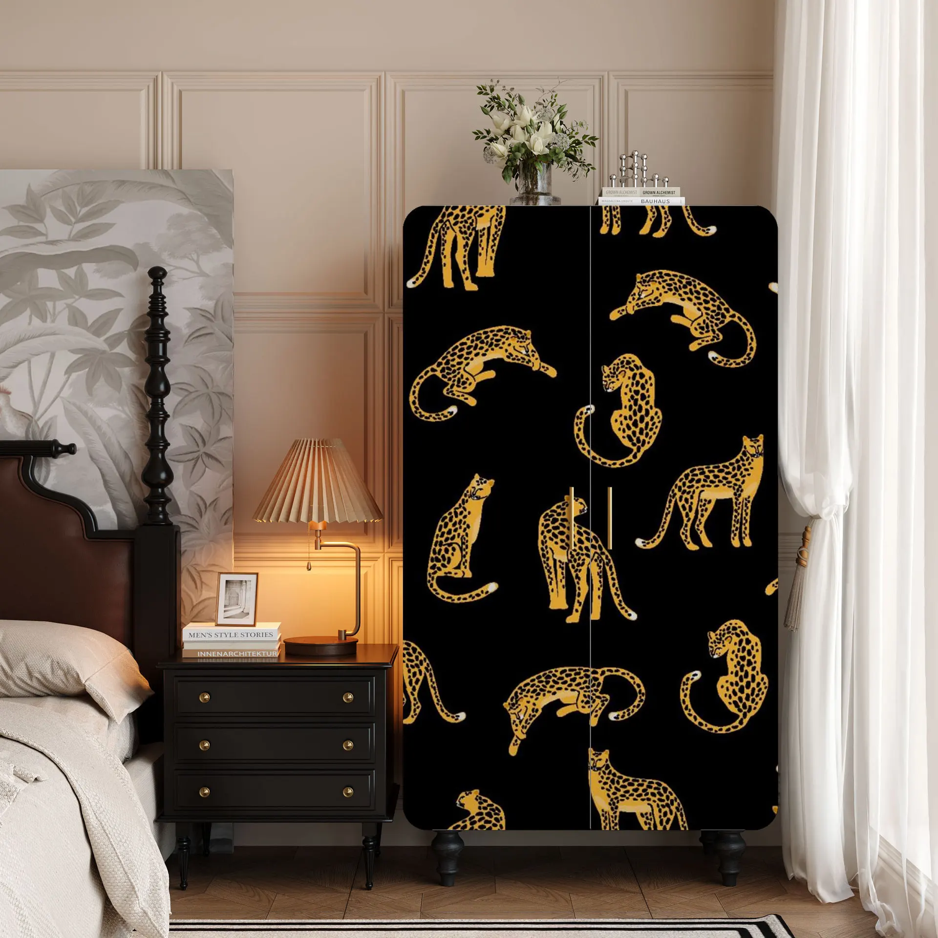 French retro wardrobe cloakroom, large-capacity storage hanging wardrobe, solid wood painted storage storage