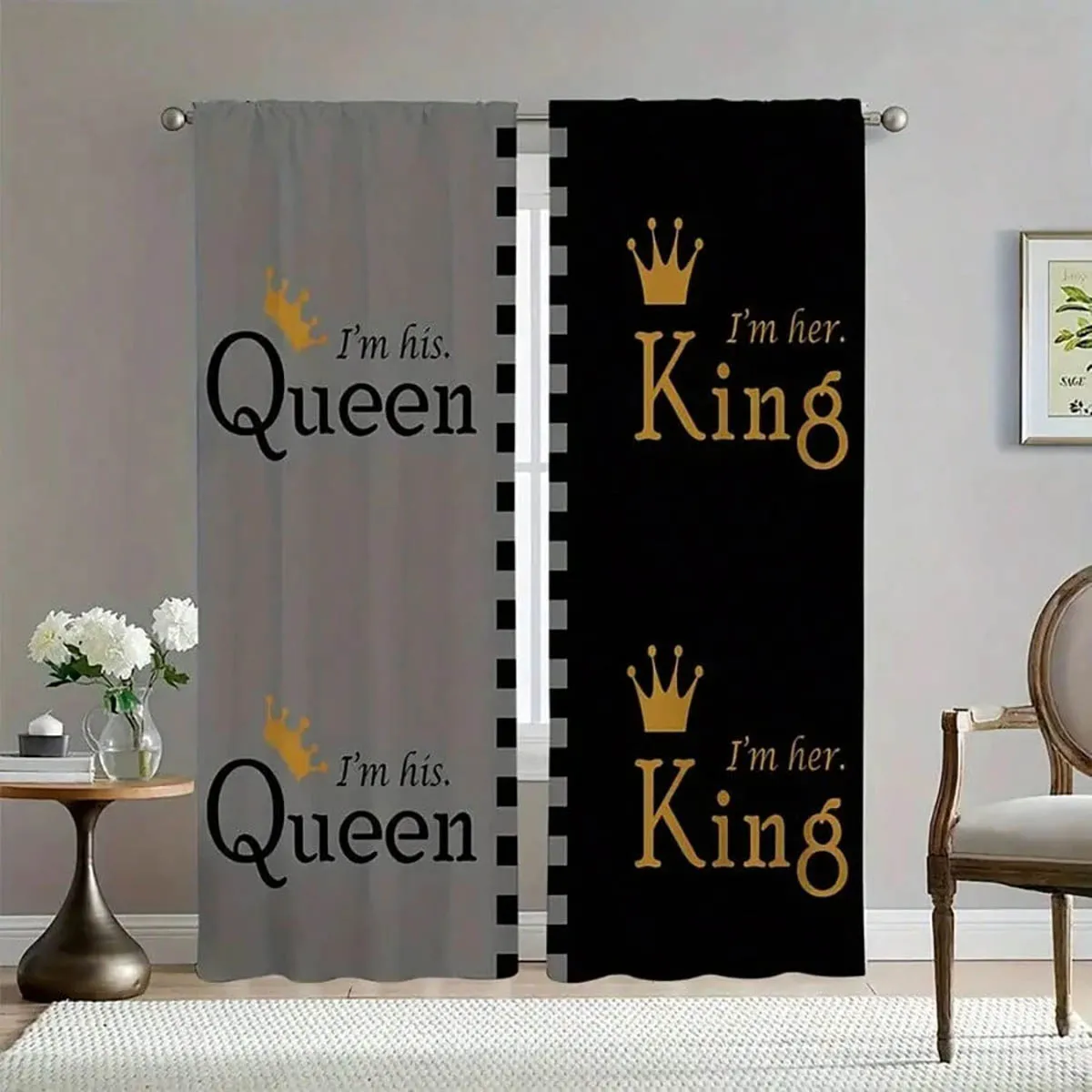 2 Pieces, King And Queen Letter Print Curtains, 100% Polyester, Suitable For Kitchen, Living Room, And Bedroom Decoration.