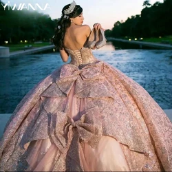 Vestidos de fiesta de quinceañera con lentejuelas y cuentas hechas a mano, apliques con purpurina, lazo, Príncipes personalizados, oro rosa, lujo, dulce 16