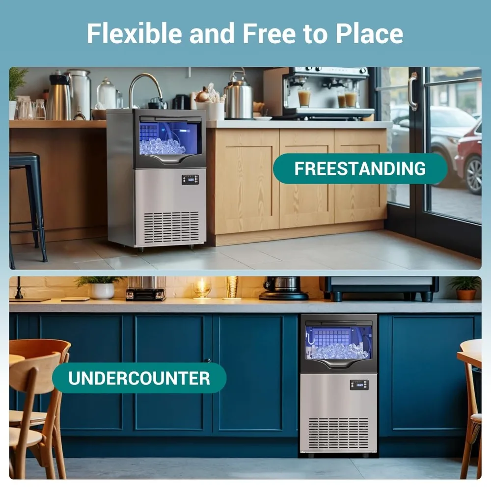 Commercial Ice Maker Machine 120 Lbs/24H Stainless Steel Under Counter, Freestanding Ice Machine, 45 Ice Cubes in 8-15 Minutes