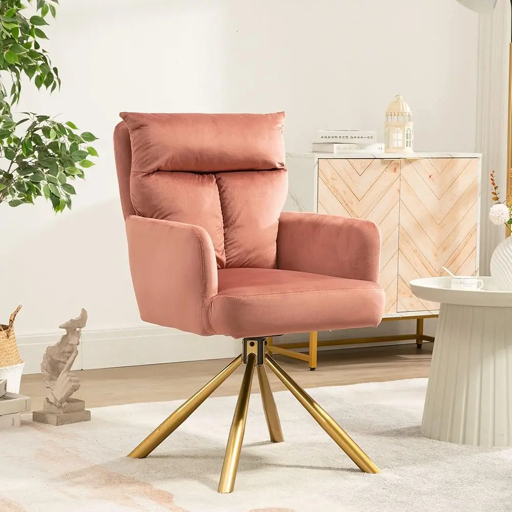 

180° Swivel Velvet Living Room Chair Modern Dining Armchair With Golden Legs Ergonomic Upholstered Accent Chair Single Sofa For