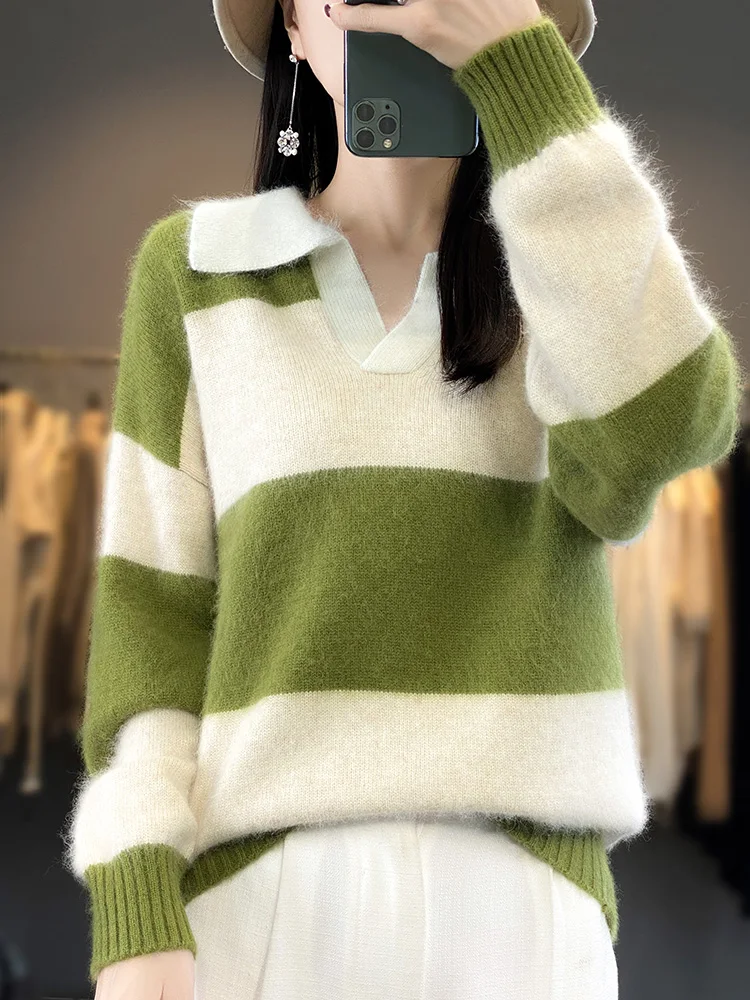 

Women POLO V-Neck Pullovers 100% Mink Cashmere Sweater Casual Top High Quality Autumn Winter Striped Cashmere Female Clothing