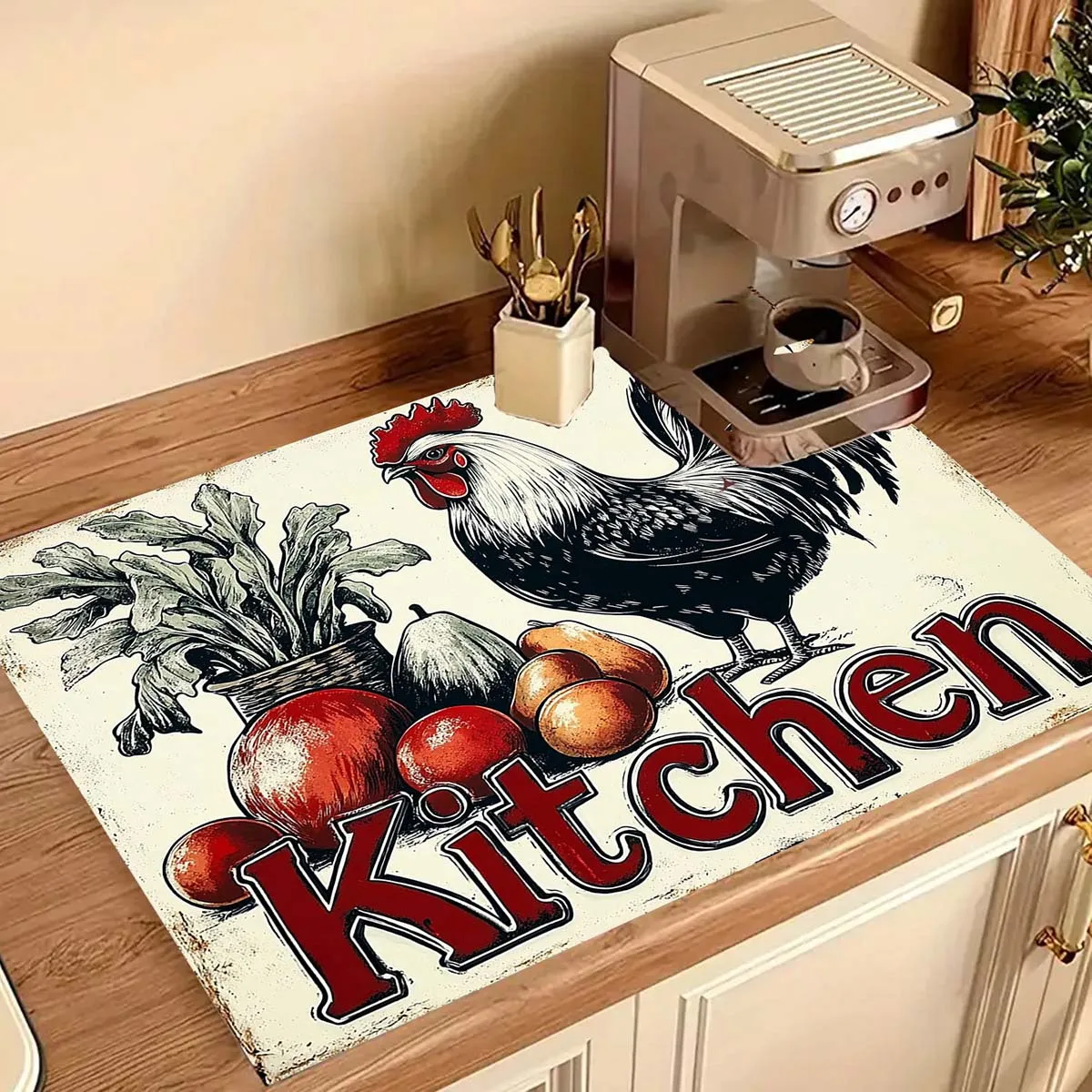 Retro Farm Rooster Veggie Art Stove Cover, Non‑Slip Heat Resistant Mat, Easy Clean Kitchen Stove Protector for Home Decor