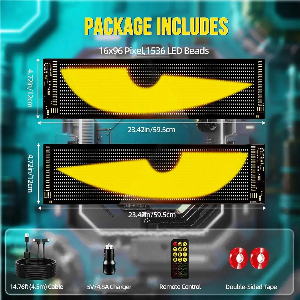 Luci a LED programmabili per auto, alimentate tramite USB 5 V, doppia schermo sincronizzato, app/telecomando, per parabrezza, 23,42x4,72 pollici