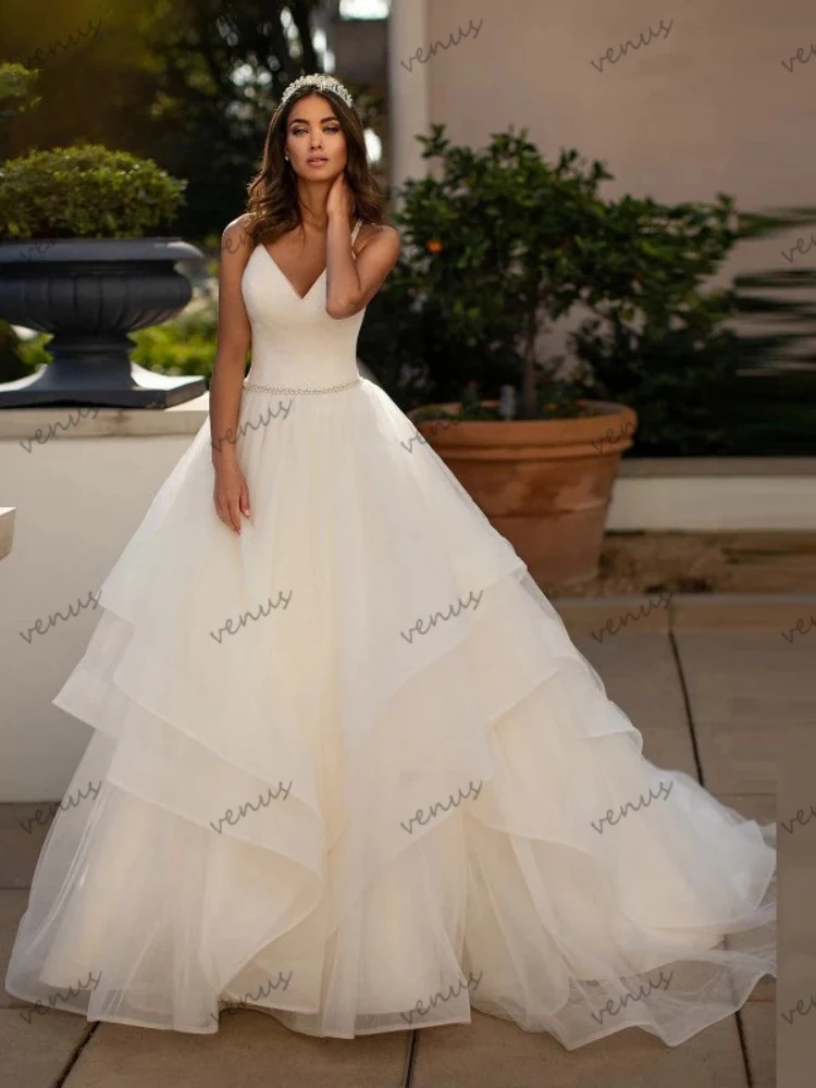 A-Line Tulle Tiered Bridal Gowns, Vestidos de casamento, Sweetheart Backless Robes para festa formal, Vestido gracioso