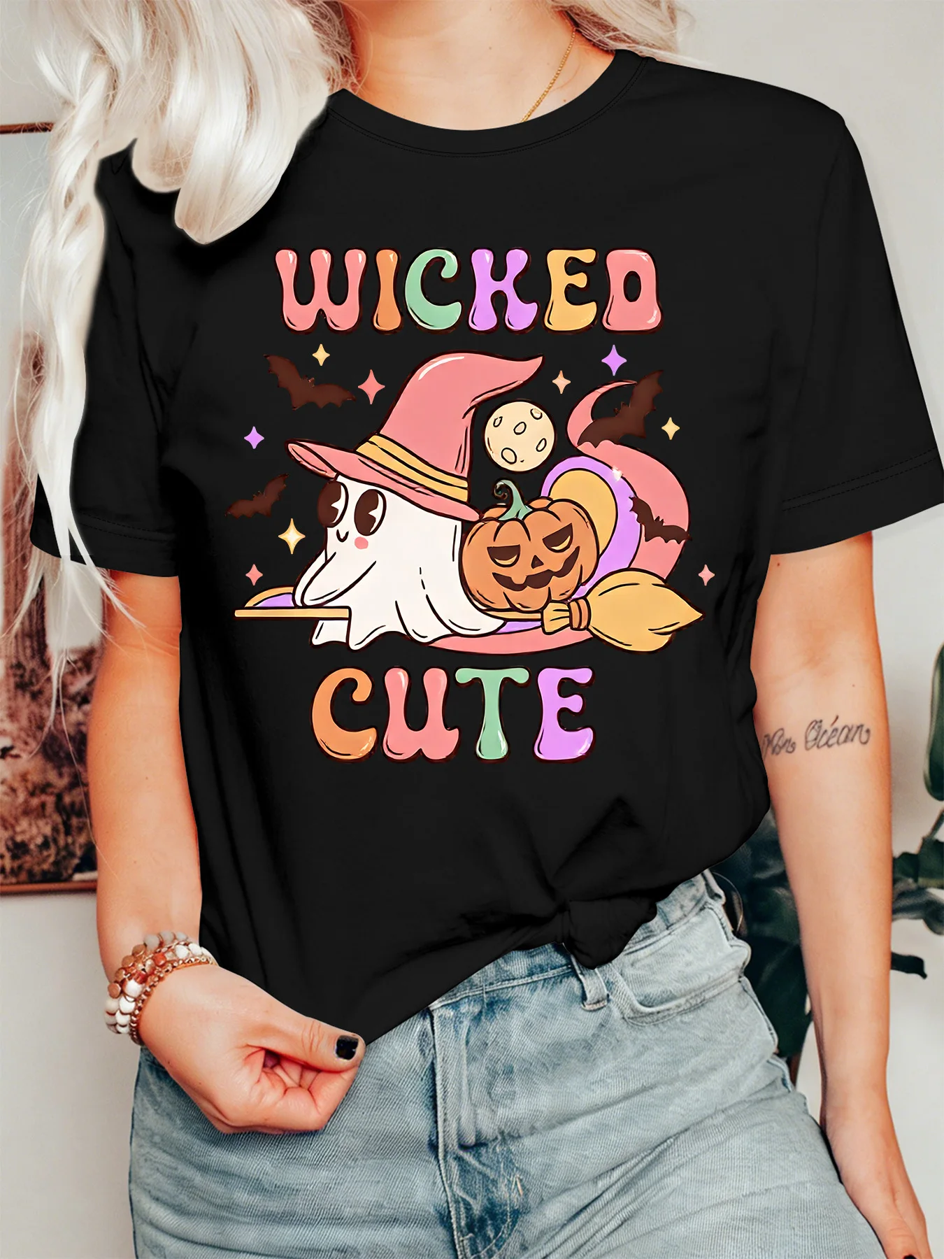 Pastel Ghost Womens T Shirt Wicked Cute Slogan Witch Broom Pumpkin Bat Moon Star Graphic Short Sleeve O Neck Holiday Daily Tops
