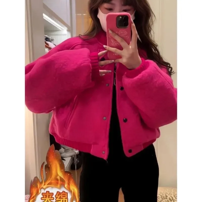 เสื้อแจ็คเก็ตสั้นผู้หญิงสำหรับฤดูใบไม้ร่วงและฤดูหนาว แฟชั่นสไตล์เกาหลี ตกแต่งผ้าขนแกะ แขนยาว สวมใส่สบาย
