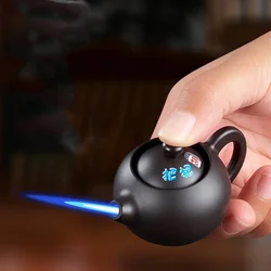 Hot Novelty Appearance of Teapot Gas Lighter Windproof Straight Rush Blue Flame Cigar Turbo Torch Small Portable Ornament