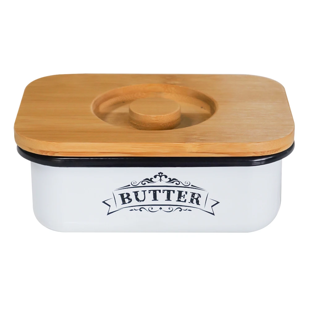 

Butter Dish with Lid Farmhouse Style Butter Jar for Countertop Small Metal Box and Thicker Bamboo Cover Butter Keeper Vintage