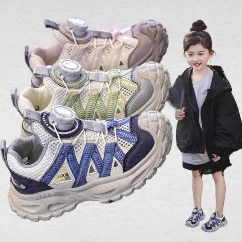 2026 Summer New Children's Half Sandals Fashion Rotating Buckle Hollow Breathable Tire Bottom Boys Girls Casual Sports Shoes