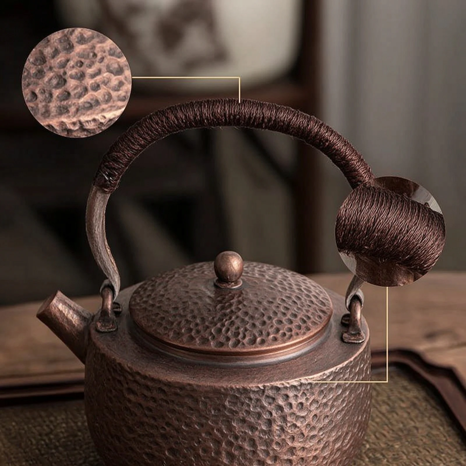 Hammered Copper Teapot Handmade Teapot with Wrapped Handle Teaware Traditional Tea Vessel Heat-Conductive for Collectors